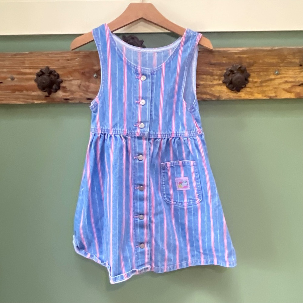 Vintage Lee Jeans Girls Blue Pink Striped Denim Pinafore Dress 6X Made in USA